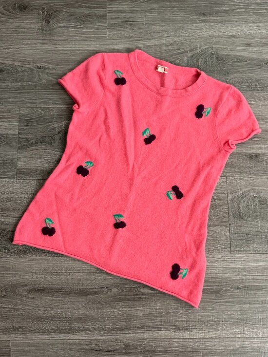 J. Crew Tops - J. Crew Short Sleeve 100% Cashmere T-shirt Top Bright Pink Cherry Print Size L